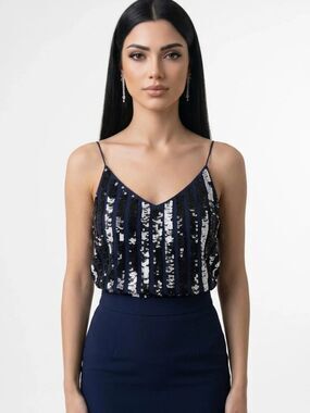 ASOS | NEW Sequined Navy Blue & Black V-Neck Spaghetti Strap Top Women’s Size 12
